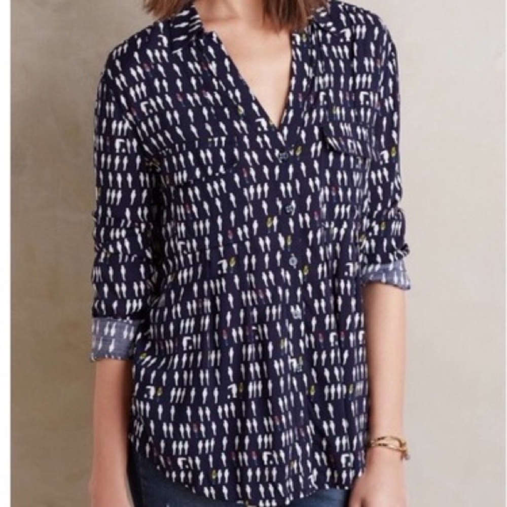 Anthropologie Maeve Bird Print Blouse navy size 12